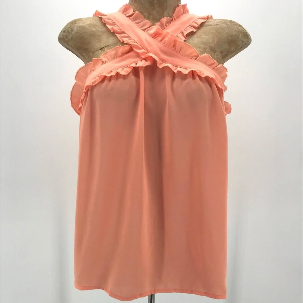 J. Crew Top Womens Size 6 Peach Ruffle Halter Criss Cross Open Back Sleeveless
